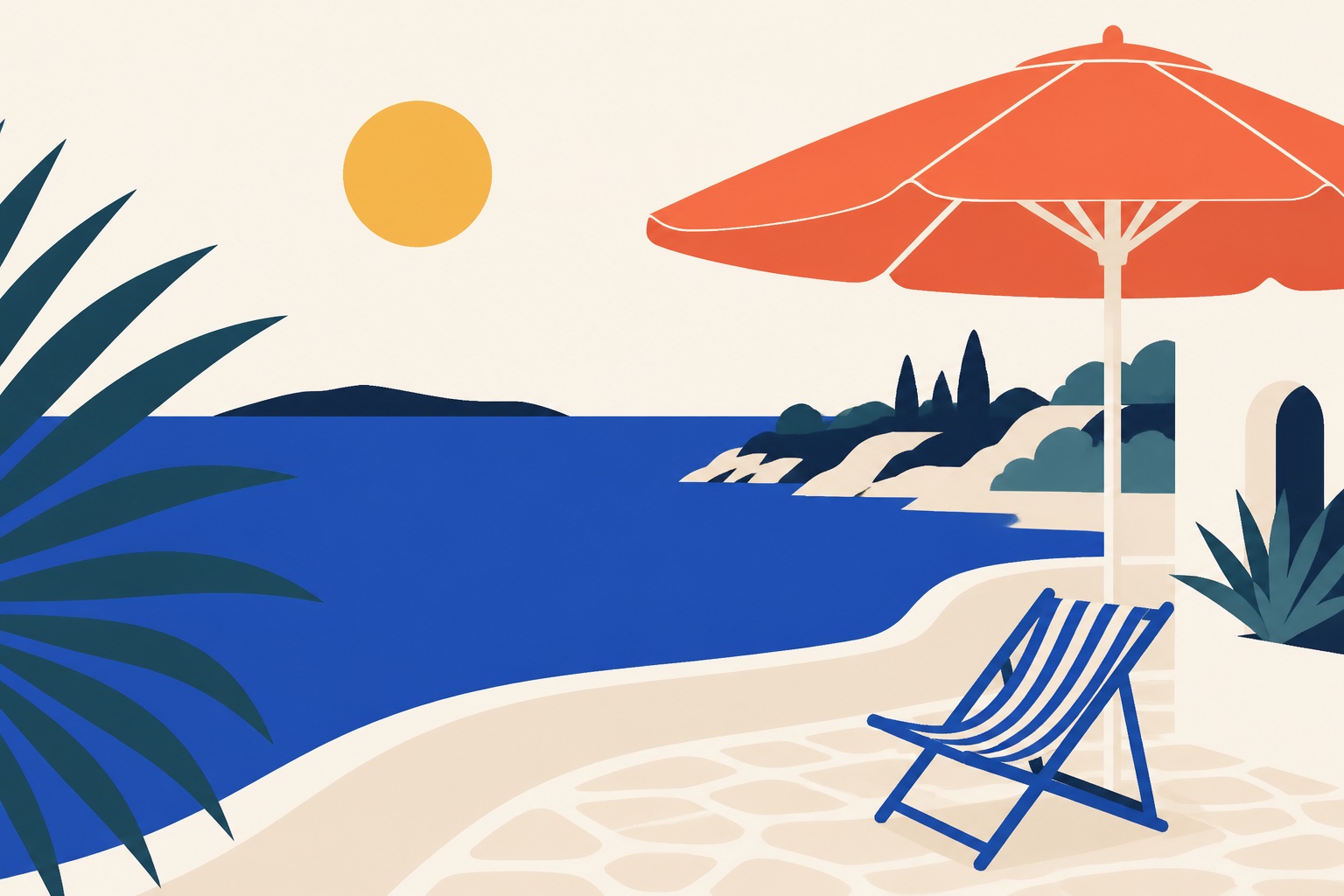 Illustration d’une terrasse méditerranéenne, d’un parasol corail et de la mer bleue